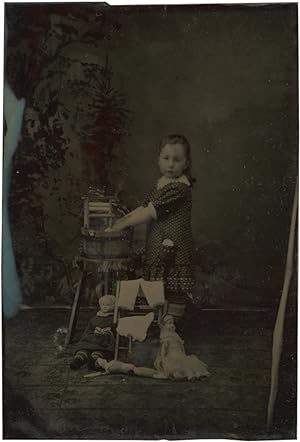 Sixth Plate Tintype of a Little Girl Bathing her Toy Dolls