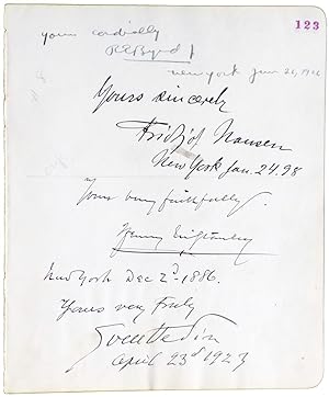 A single leaf from a visitors book, bearing the signatures of Henry M. Stanley, Fridtjof Nansen, ...