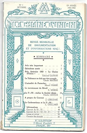 la Chaîne d'Union - revue mensuelle de documentation et d'information Maçonnique 1953 - 15ème ann...