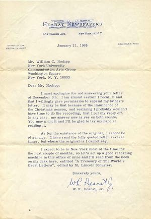 TYPED LETTER Signed by William Randolph Hearst, Jr. (1908-1993).