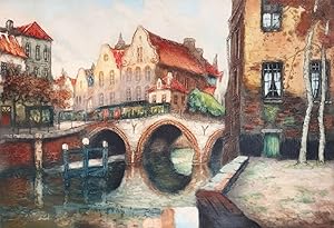 Estampe originale Aquatinte gravure couleurs Bruges