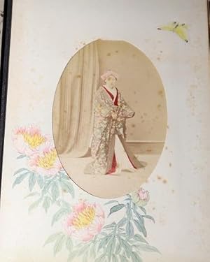 Japanese Lacquer Photo Album with Watercolor Vignettes on Borders, with Original Box