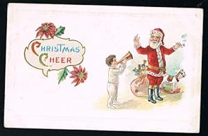 Embossed Father Christmas, Pipe, Child & Bugle Xmas Greetings Postcard