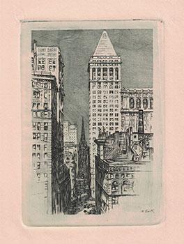 View of Bankers Trust and Trinity Church, Wall Street, New York. Original etching.