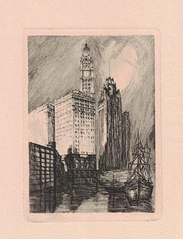 View of Tribune Tower and Wrigley Building, Chicago. Original etching.