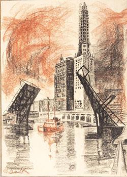 View of Downtown Chicago Skyscrapers over a Draw Bridge and Tugboat. Original drawing.