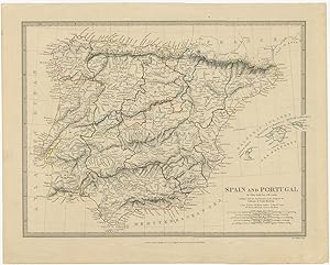 Antique Map of Spain and Portugal by Walker (1845)