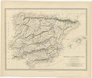 Antique Map of Spain and Portugal by Walker (1838)
