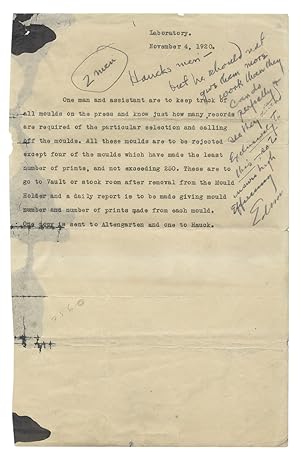1920 Thomas Alva Edison Signed Manuscript Laboratory Note