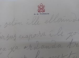 [TRAVEL TO MARSEILLES BY S.S. TARSUS -EXOCHORDA-] Autograph letter signed 'Y. Küm?'.