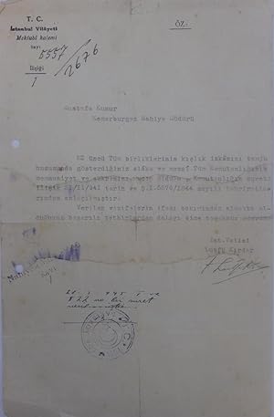 [LEGENDARY GOVERNOR of ISTANBUL] Autograph document signed 'Istanbul Vali ve Belediye Reisi Dr. L...