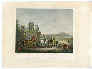 Antique Print-HUNTING-GUN-HORSE-DOG-PREPARATION-Wouwermann-Payne-1850