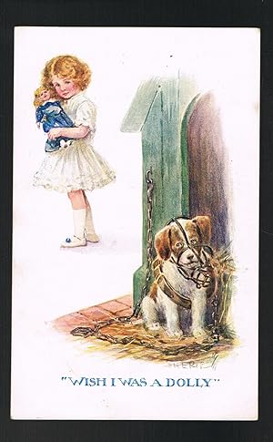 Wish I Was a Dolly Postcard - Girl, Doll & Chained Muzzled Puppy Dog