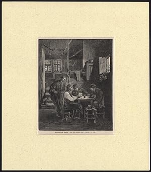 Antique Print-BARN-FARMER-CARD GAME-PIPE-SMOKE-Burger-1874