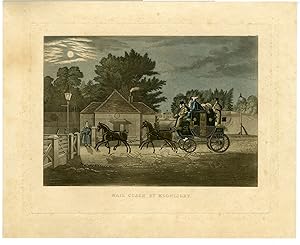 Antique Master Print-PROOF-COACH-ROYAL MAIL-NIGHT SCENE-Hunt-Pollard-1825