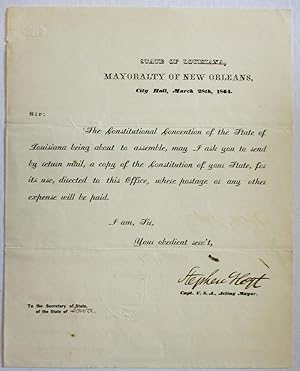 STATE OF LOUISIANA, MAYORALTY OF NEW ORLEANS, CITY HALL, MARCH 28TH, 1864
