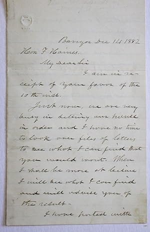 AUTOGRAPH LETTER SIGNED, FROM BANGOR MAINE, 14 DECEMBER 1882, TO F[ERGUSON] HAINES, PROMINENT BID...