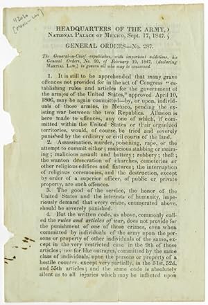 Headquarters of the Army, National Palace of Mexico, Sept. 17, 1847. General Orders - No. 287