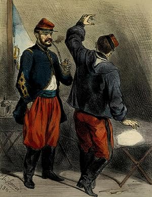 NOS TROUPIERS EN ORIENT Lithographie originale aquarellée gommée Militaire soldats