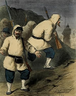NOS TROUPIERS EN ORIENT Lithographie originale aquarellée gommée Soldat militaire guerre Russie