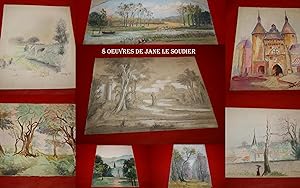 8 Oeuvres Originales de Jane Le Soudier - Aquarelles, crayons gras, fusains, pastels, etc. 4 sign...