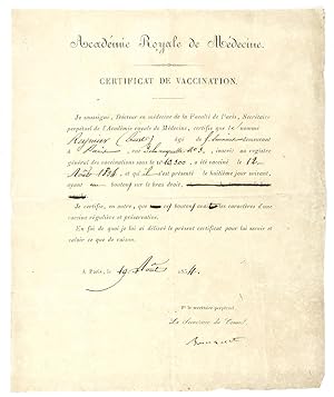 (Vaccine). Certificat de vaccination contre la variole (1834).