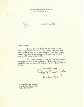 Letter from David Rockefeller to Vincent to Jacques Des Roches, (pseudonym of Jean-Gabriel Vacheron)