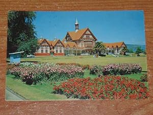 1978 New Zealand Postcard. Tudor Towers. Rotorua. 15 cent Harvest Of The Sea Stamp