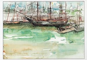 Ships at Old Port Harbour Montreal Canada Sketch Painting Postcard