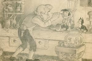 Pinocchio & Father Geppetto Puppet Film Sketch Painting Postcard
