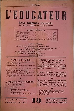 L'éducateur N° 18. Revue pédagogique bi-mensuelle. 15 juin 1948.