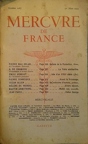 Mercure de France N° 1087. Pierre Mac Orlan - Chamisso - Emile Henriot - Pierre Schneider - Suzan...