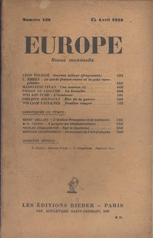 Europe N° 160 : Textes de Léon Tolstoi - L. Emery - Madeleine Vivan - Pierre de Lescure - Wei Kin...