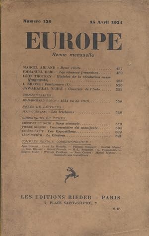 Europe N° 136 : Textes de Marcel Arland - Emmanuel Berl - LéonTrotsky - L. Silone - Jawaharlal Ne...