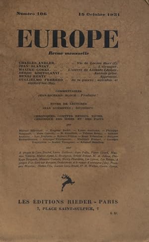 Europe N° 106 : Textes de Charles Andler - Jean Blanzat - Maxime Gorki - Derso Kostolanvi - Henri...