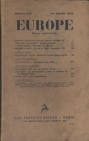 Europe N° 145 : Textes de Romain Rolland - William Faulkner - Victor-Serge - Maxime Gorki . Comme...