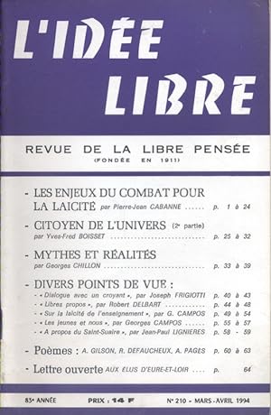 L'idée libre. 1994. N° 210. Revue de la libre pensée. Mars-avril 1994.
