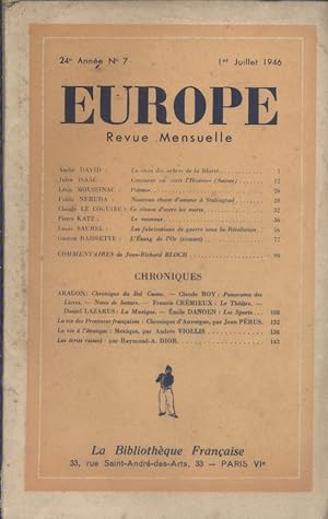 Europe. Revue mensuelle. 1946 N° 7. André David - Jules Isaac - Pablo Neruda - Gaston Baissette -...