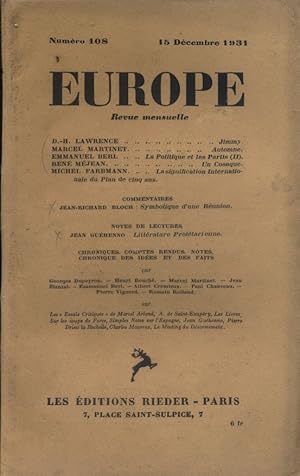 Europe N° 108 : Textes de D.-H. Lawrence - Marcel Martinet - Emmanuel Berl - René Méjean - Michel...