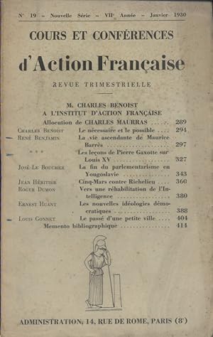 Cours et conférences d'Action Française. Revue trimestrielle. 7 e année. Nouvelle série N° 19. Ch...