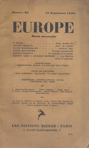 Europe N° 93 : Textes de Paul Nizan - André Thérive - Jacob Wassermann - Louis Brauquier - Alexei...