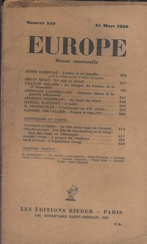 Europe N° 159 : Textes de Henri Barbusse - Ervin Sinko - Francis Delaisi - Germaine Laureillard -...