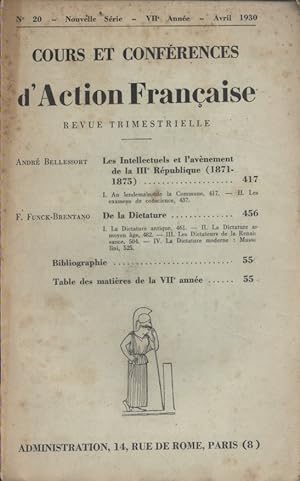 Cours et conférences d'Action Française. Revue trimestrielle. 7 e année. Nouvelle série N° 20. An...