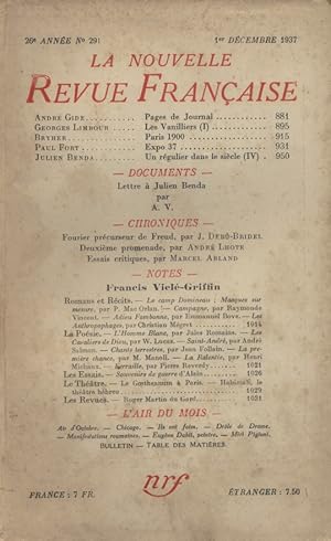 La Nouvelle revue française N° 291. 1er décembre 1937.
