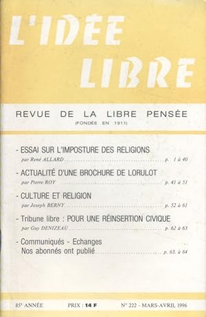 L'idée libre. 1996. N° 222. Revue de la libre pensée. Mars-avril 1996.
