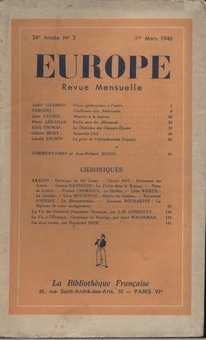 Europe. Revue mensuelle. 1946 N° 3. André Chamson - Vercors - Jean Cayrol - Aragon - Claude Roy ...