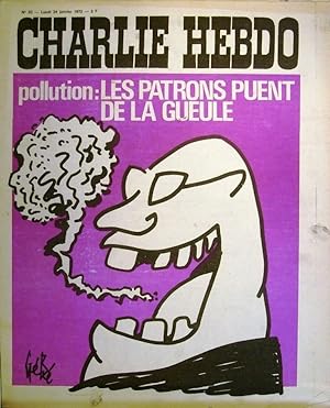 Charlie Hebdo N° 62. Couverture de Gébé: Pollution: les patrons puent de la gueule. 24 janvier 1972.