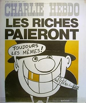 Charlie Hebdo N° 186. Couverture de Wolinski : Les riches paieront. 10 juin 1974.