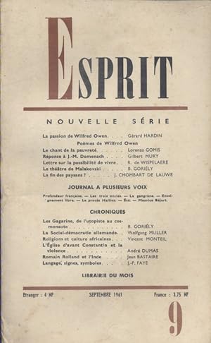 Revue Esprit. 1961, numéro 9. Wilfred Owen. Articles de Lorenzo Gomis - Gilbert Mury - J. Chombar...