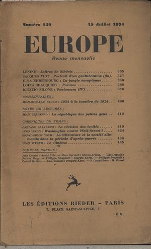 Europe N° 139 : Textes de Lénine - Jacques Viot - Ilya Ehrenbourg - Louis Brauquier - Ignazio Sil...